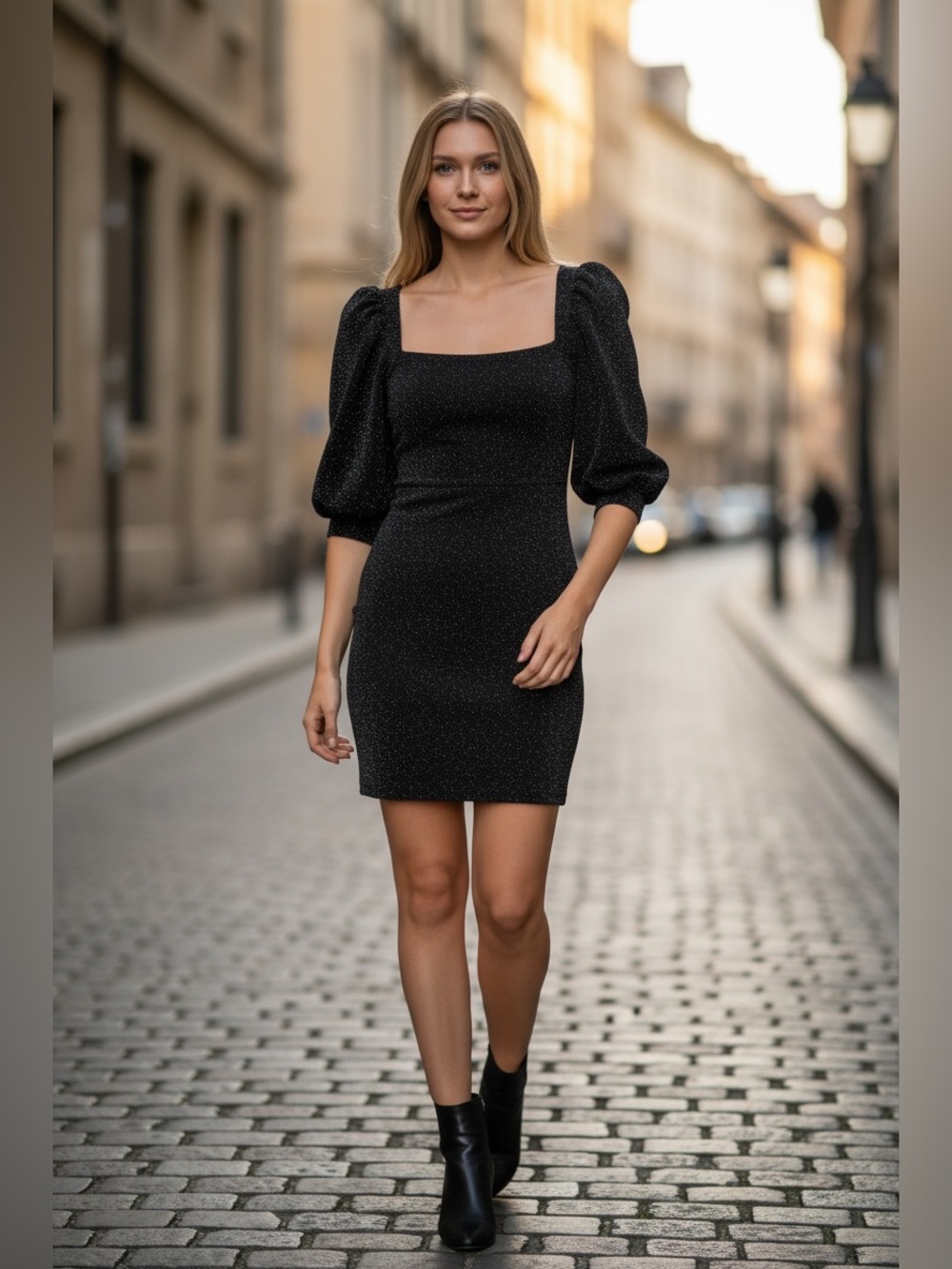 NWT Ophelia Roe Black Silver Shimmer Puff Sleeve Mini Dress M